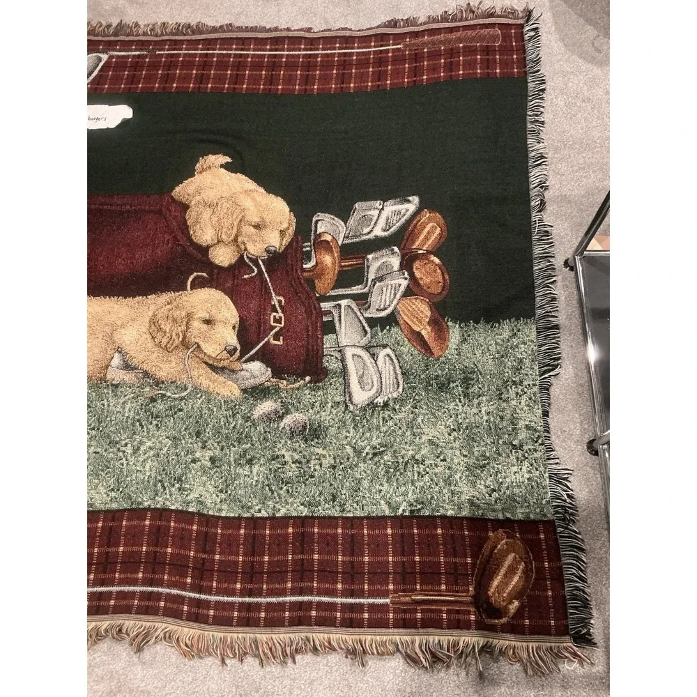 Two Puppy Golden Retriever and golf themed tapestry‎ throw blanket